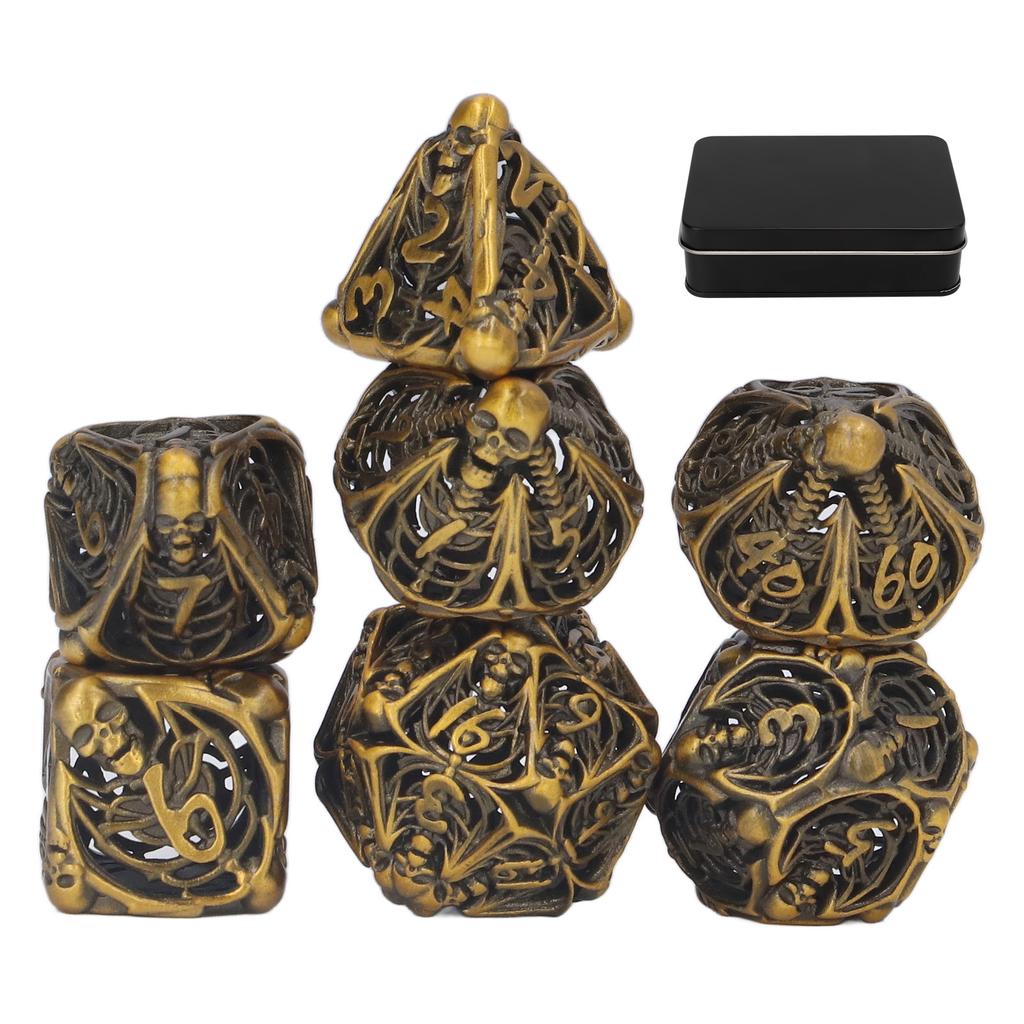 7pcs Hollow Skull Pattern Dice Portable Exquisite Metal Polyhedral Dice Set Props for Board Card