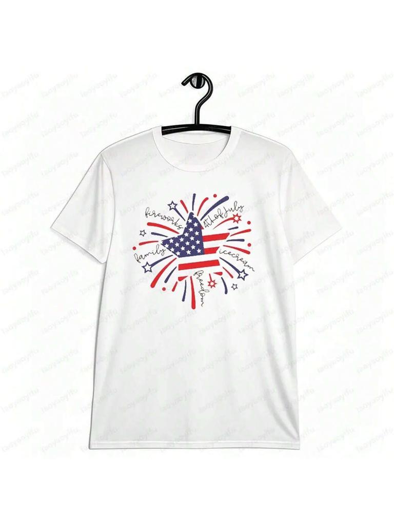 Firework 4th Of July Shirt 4th Of July Flag Graphic T-Shirt Independence Shirt Men Women Summer Round Neck Cotton Short Sleeve