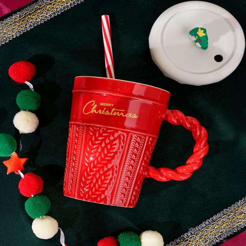 Креативная рождественская кружка Рождественская елка Керамическая кружка для воды Высокий внешний вид Горизонтальная керамическая чашка с крышкой и соломинкой С ручкой Подарок YLE035