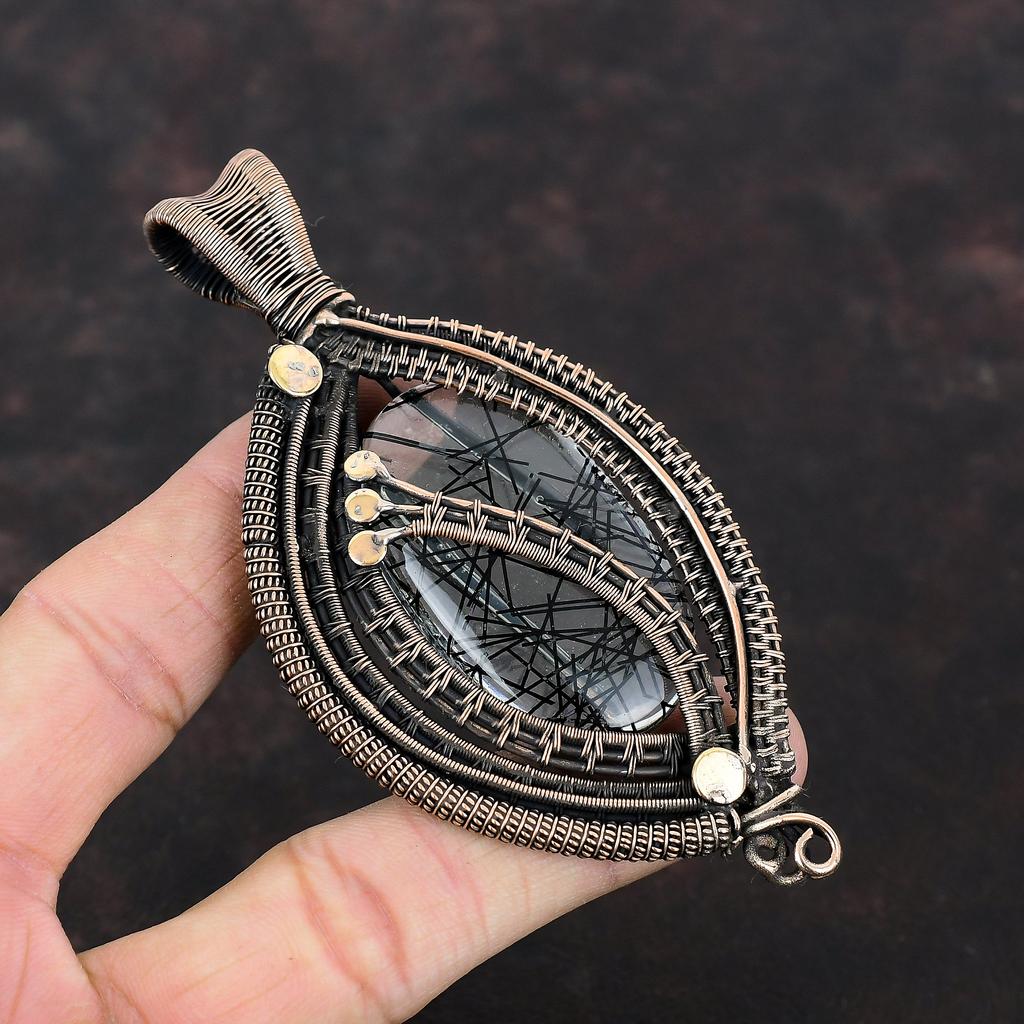Black Rutile Pendant Copper Wire Wrapped Handmade Pendant Designer Copper Jewelry Genuine Gemstone Pendant Engagement Gift Wire Wrap Jewelry