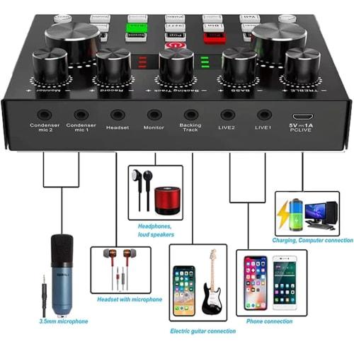 BONKYO Karaoke Set, Home DJ Mixer Set, Compatible with Live Streaming, V8S Audio Interface, Mixer, Audio Live Sound Card, Male/Female Voice Changer/Mi