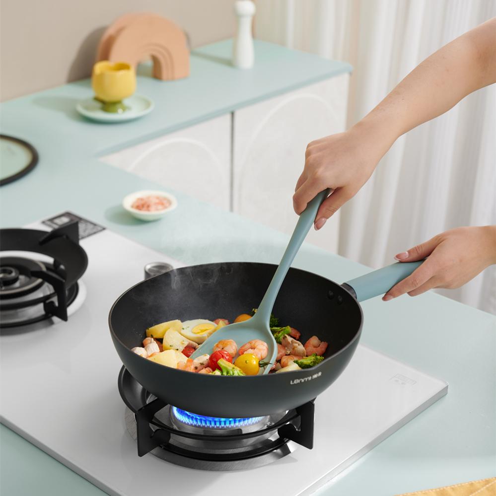 Lanmi Non Stick Wok Pan with Lid Titanium Ceramic Pan Aluminum Alloy Stir-fry Pan Flat Bottom Pow Wok Pan For All Stovetops LM02