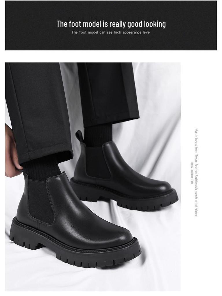 Men's British-Style Chelsea Boots: Thick-Soled, Height-Enhancing, Genuine Leather, Slip-On, Mid-High Top, Autumn/Winter Martin Boots.