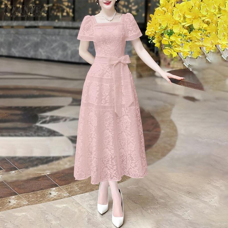 ZANZEA Женское повседневное летнее платье с короткими рукавами и кружевом, элегантное, с квадратным вырезом