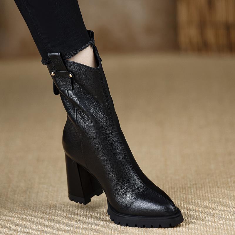 Women's Shoes Ultra-high Waterproof Table Comfortable Short Boots Thick Heel High Heel Zipper Head Layer Pointed Brown