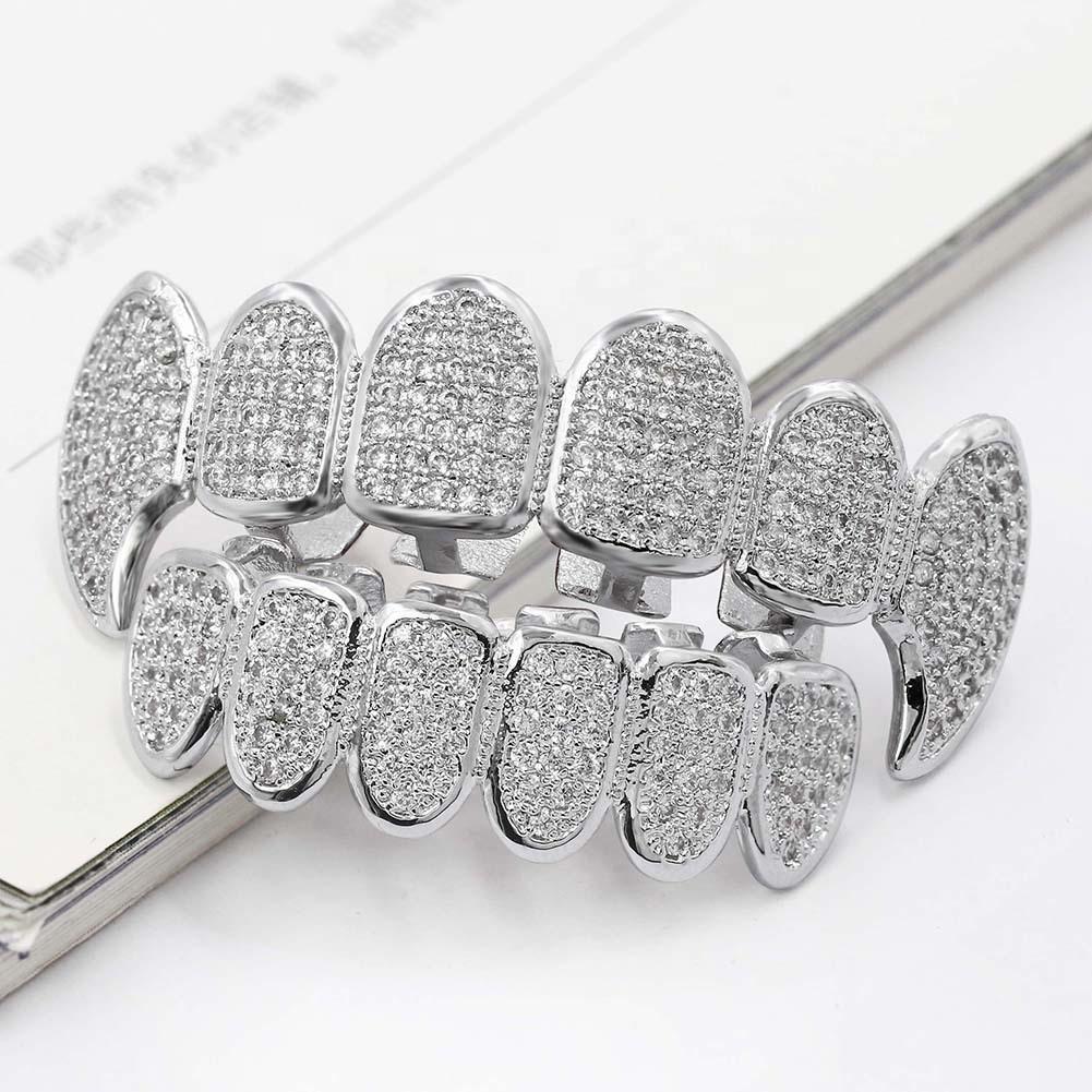 925 Sterling Silver HipHop Dental Grills Teeth Grillz Halloween Tooth Grillz Micro Pave Zircon Top Bottom Mouth Teeth Grills Set