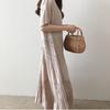 Summer Solid Color Round Neck Literary Loose Pleated Short Sleeve Dress