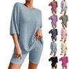 Women's Fashion Casual Solid Color Threaded Round Neck Loose Short Sleeve Shorts Suit