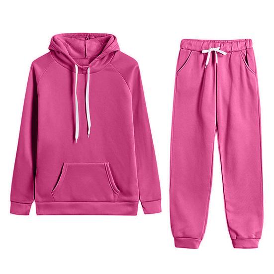 2 Pcs/Set Women Hoodie Pants Suit Solid Color Plush Long Sleeves Thick Top Elastic Waist Ankle-banded Trousers Sport Fitness
