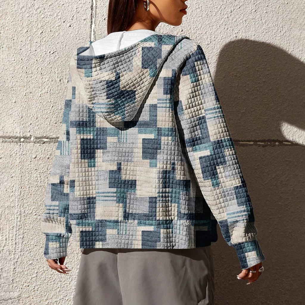 Women's Fashion Irregular Geometric Print Long Sleeve Pocket Loose Zipper Hooded Hoodie Jacket