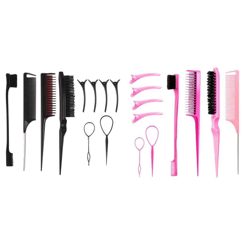 Hair Styling Comb Set Hair Brush Set Teasing Hair Brush Rat Tail Comb with Duckbill Clips Edge Brush for Women and Girls