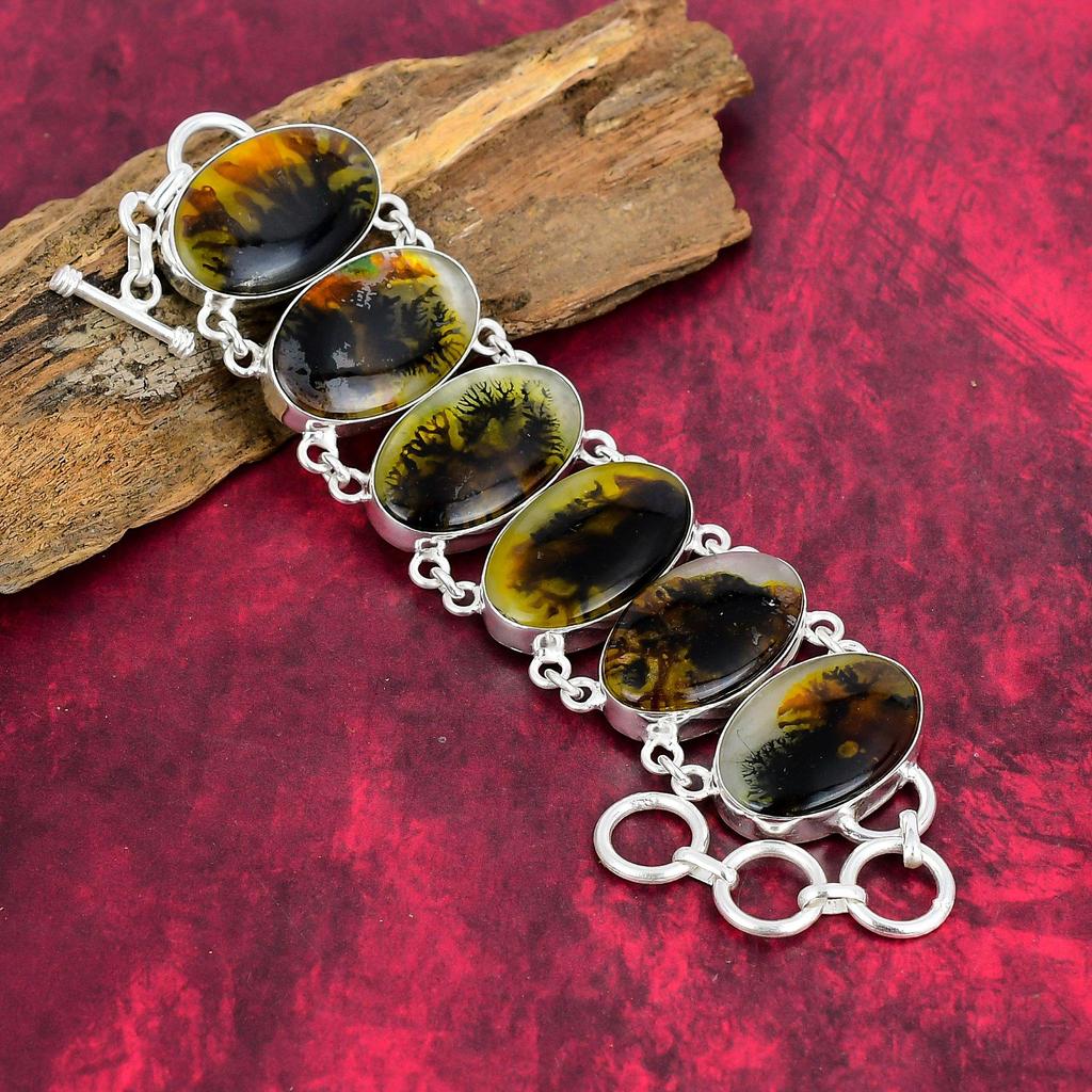 Браслет и ожерелье из драгоценного камня дендритового опала, комплект ювелирных изделий из стерлингового серебра 925 пробы, ювелирные изделия ручной работы, регулируемая цепочка, подарок на годовщину для нее