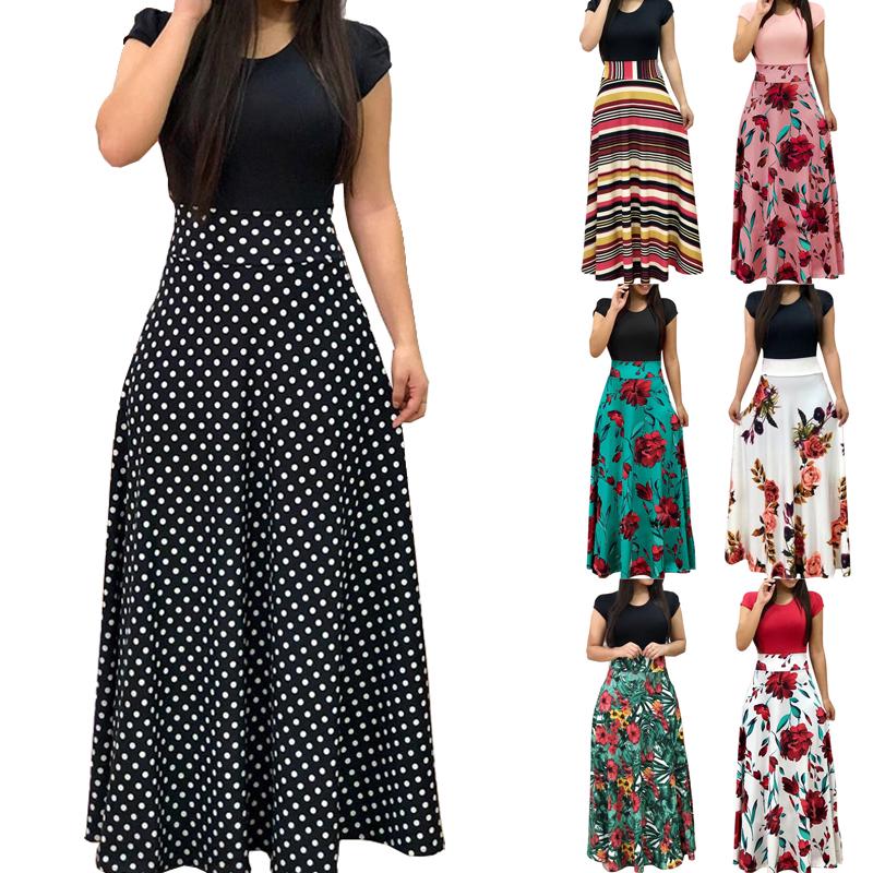 Women Short Sleeve Vintage Floral Dress Skirt Party Long Beach Clothes Maxi Crew Neck S-3XL