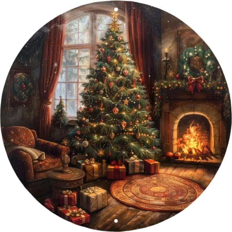 Witch Broom Halloween Sign, Round Aluminum Wall Plaque 20x20cm