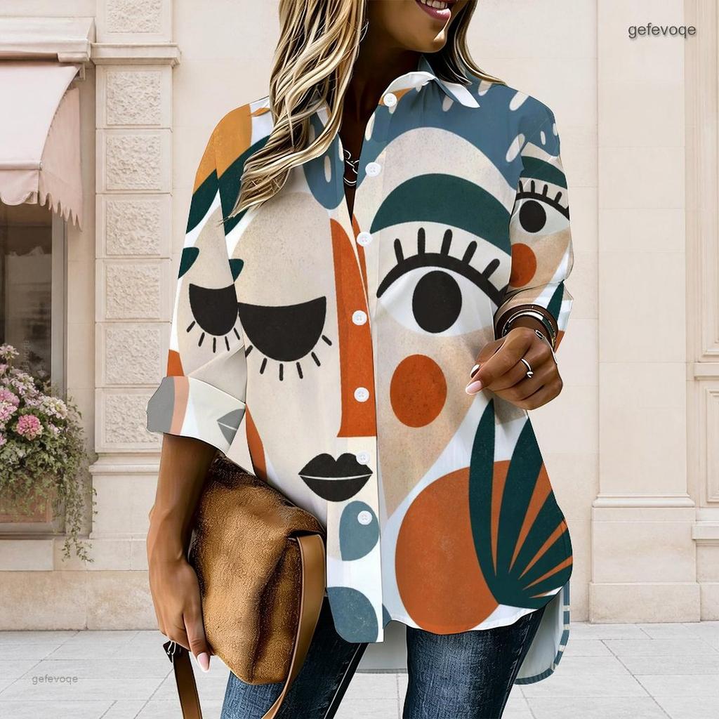 Women Plus Size Geometric Printed Blue Collared Long Sleeve Button Front High Low Curved Hem Shirt
