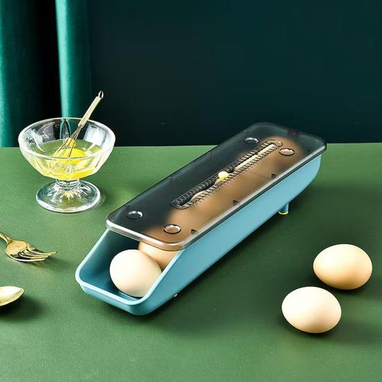 Контейнер для хранения яиц в холодильнике Большой вместимости Нескользящий Штабелируемый Дизайн Легко чистить Автоматический Раздвижной Диспенсер для яиц