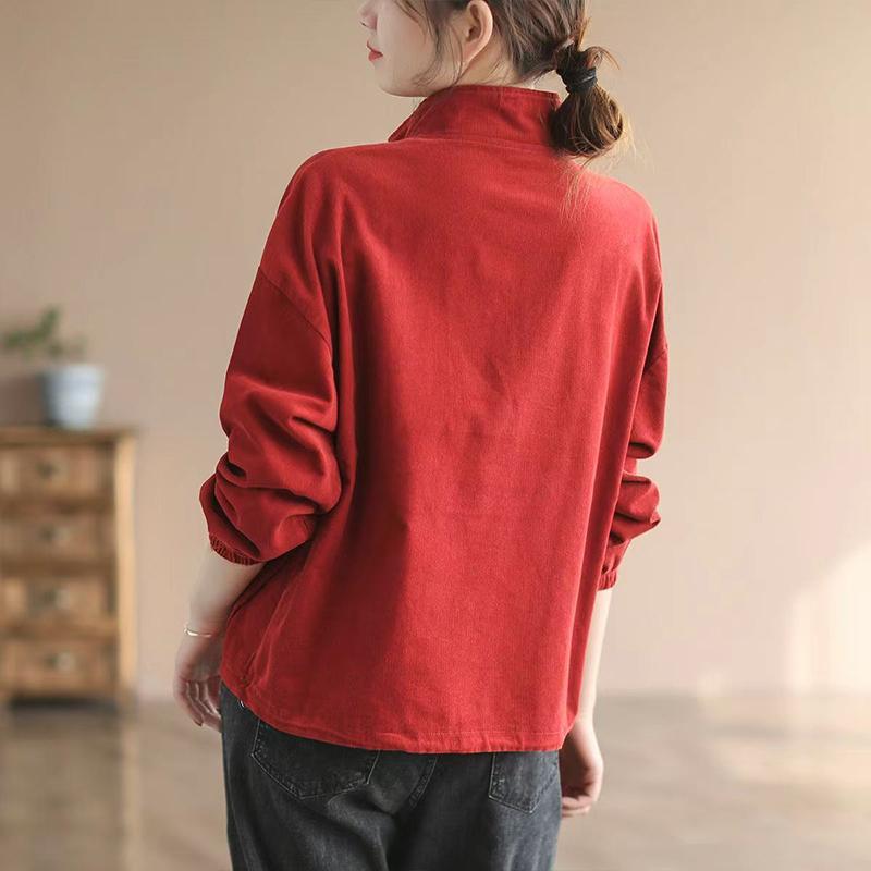 Autumn Korean Fashion Sports Chic Vintage Casual Shirt Women Young Style Solid Color Long Sleeve High Neck Pocket Button Top