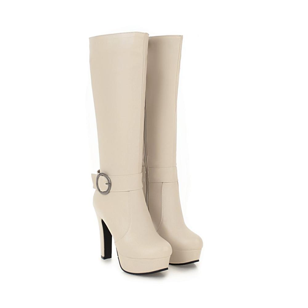 Зимние сапоги до колена женские осенние рыцарские черные белые большие размеры высокие каблуки платформа молния модные пряжки женские длинные туфли