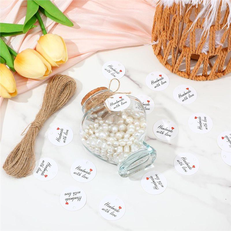 CYCLI-Handmade With Love 200Pcs White Paper Gift Labels, For Home Crafts, Candles Tins, Weddings With 1.2" Round Tags& Twine Str