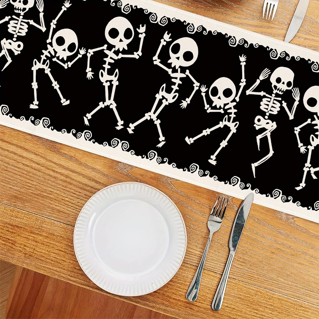 1pc Black Halloween Table Runner Skeleton Printed Table Runner Waterproof Durable Tablecloth for Halloween Home Party Decoration