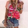 Женский топ, летний новый модный топ с цветком розы, повседневный топ с короткими рукавами и застежкой-молнией с v-образным вырезом и ярким розовым принтом