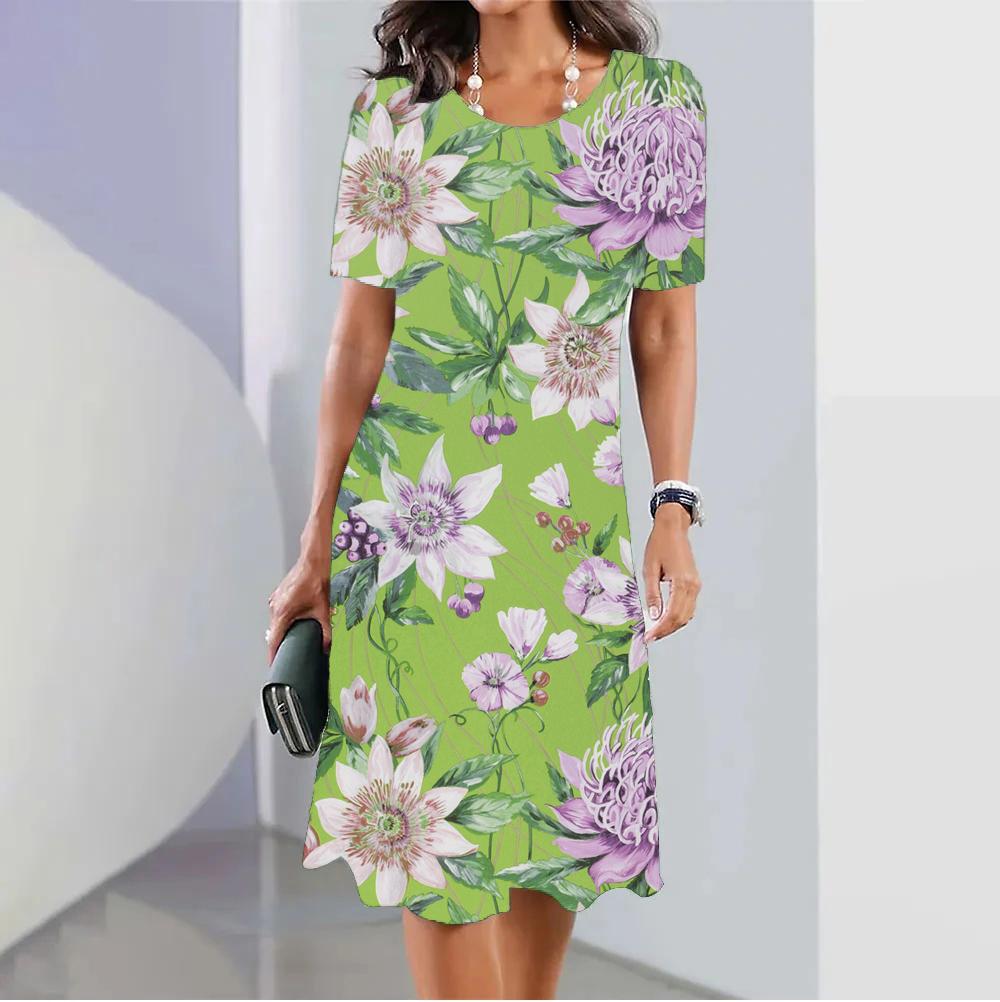 Платья для женщин больших размеров Boho с коротким рукавом и круглым вырезом с цветочным принтом и круглым вырезом миди-платье Элегантные женские платья для отдыха