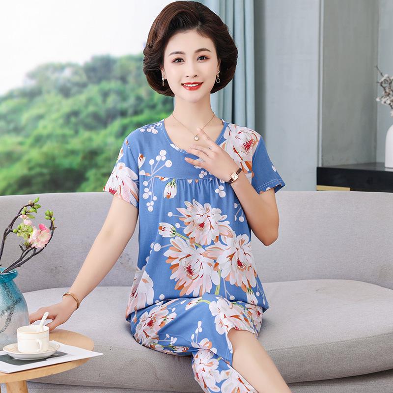 Женский летний хлопковый пижамный комплект больших размеров для женщин среднего и пожилого возраста - Домашняя одежда с короткими рукавами, подходящая для ношения на улице