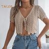 Women Crochet Tops Short Sleeve Lace-up Hollow Design Knitting Tops Sun Protection Summer Vacation Tops