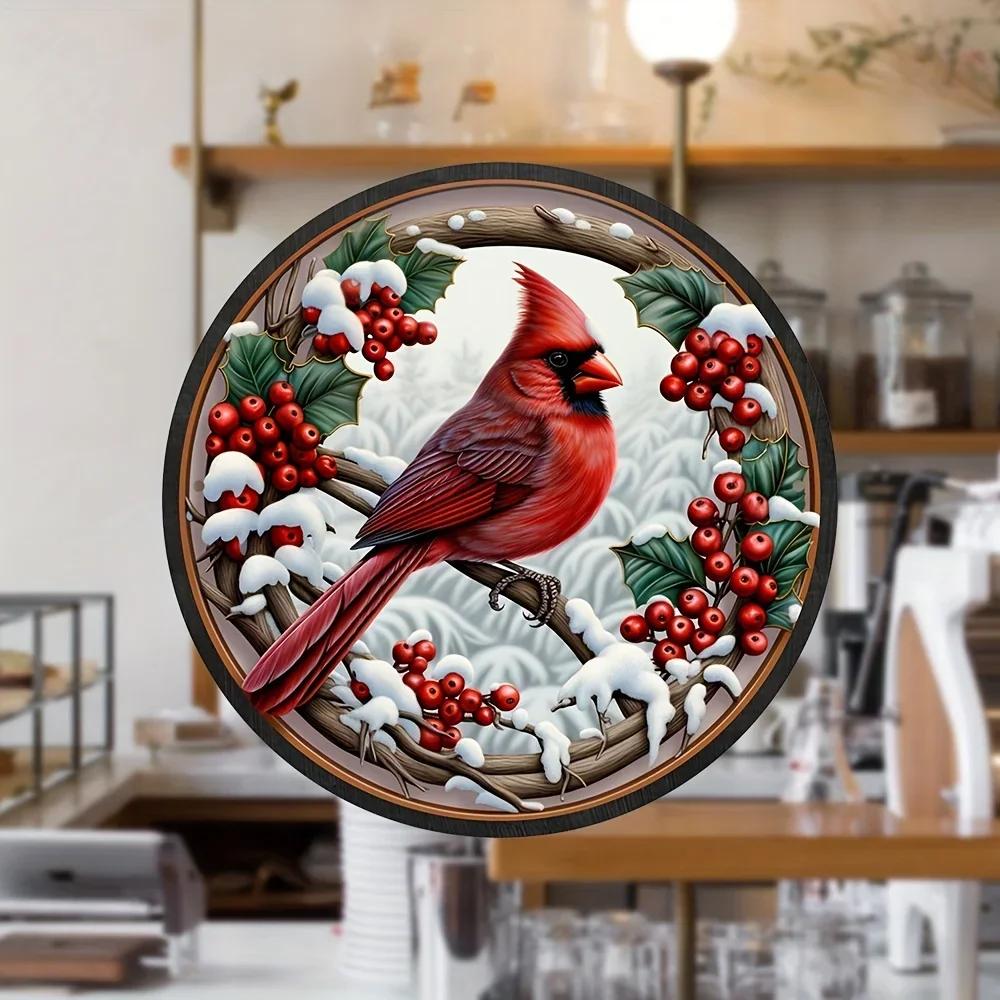 1pc Cardinal and Holly Berry Wreath Sign Christmas Holly Rough Metal Tin Sign Elegant and Noble Bird Decorative Wall Hanging