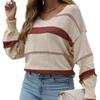 Плюс Размер Нижняя Рубашка Длинный Рукав Трикотаж Женский Осенний Полосатый Пуловер V-образный Вырез Полосатый Свитер