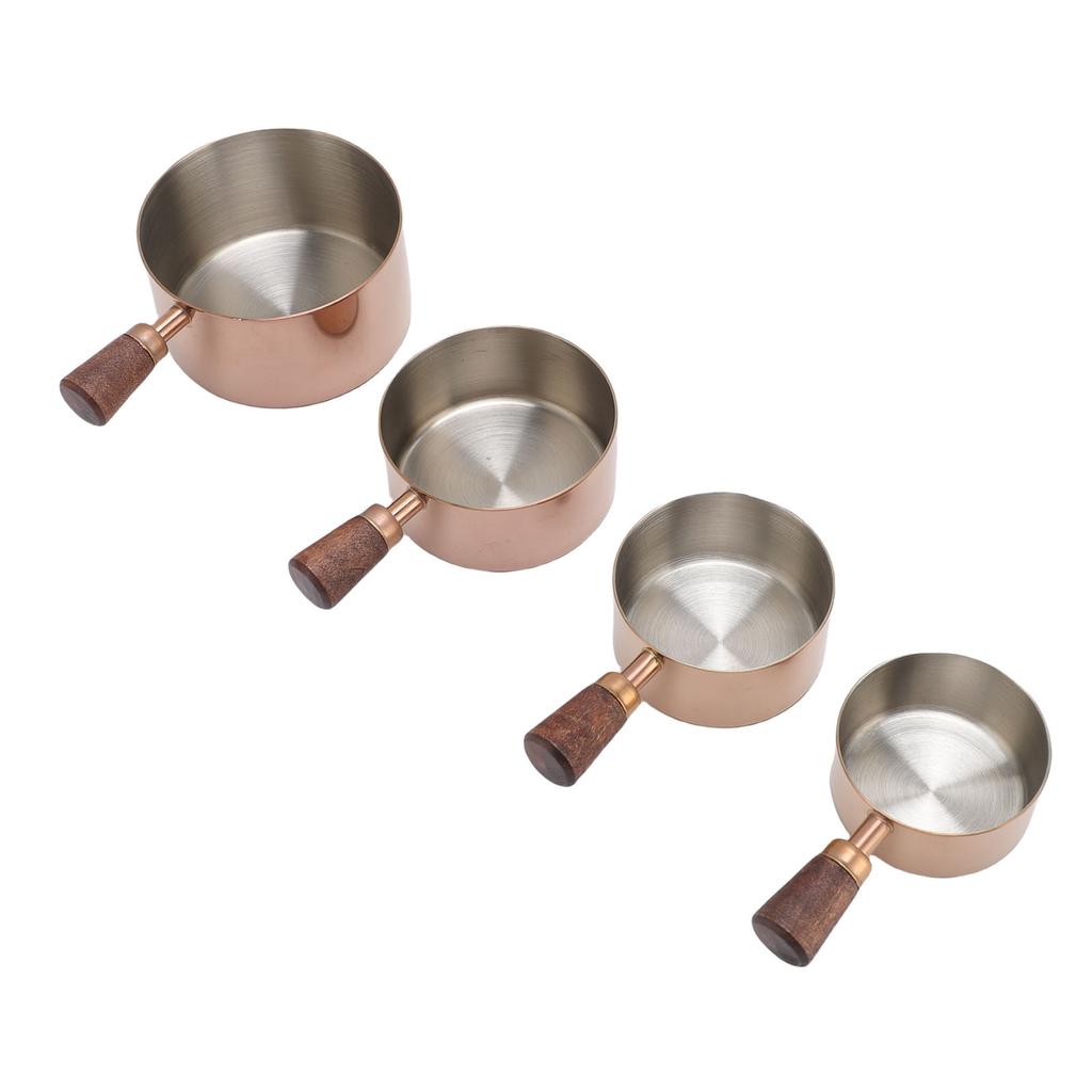 4pcs Stainless Steel Measuring Cup Stackable Condiment Cups Dipping Sauce Cups with Short Wooden Handle for Coffee