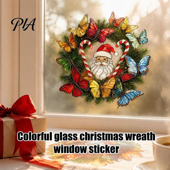 Holiday Glass Stickers Christmas Wreath Window Sticker, Stained Style, Removable Santa Butterfly Candy Waterproof PVC Static Clings Cane Decal, Cling