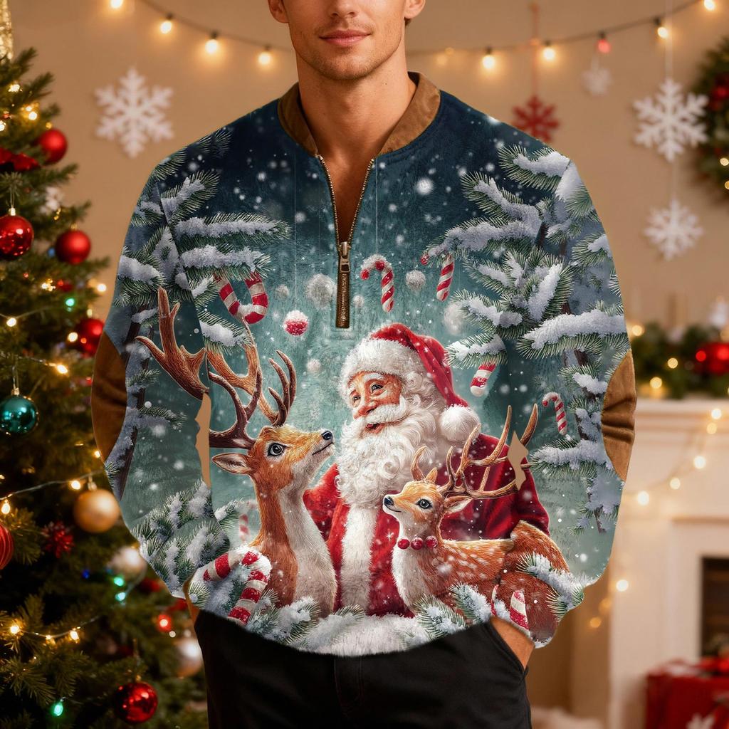 Мужской рождественский свитер на молнии, винтажный вязаный графический свитшот, рождественский пуловер со стойкой
