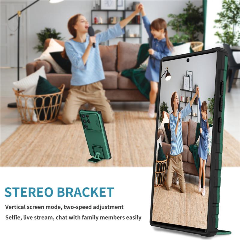 Slide Lens Camera Case For Samsung Galaxy S24 Ultra S23 Plus S22 S21 S20 FE Shockproof Armor Stand Holder Back Cover