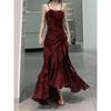 Korean Vintage Velvet Long Dress Women Luxury Slim Mermaid Spaghetti Strap Floral Dress Elegant Sexy Casual Evening Party Dress