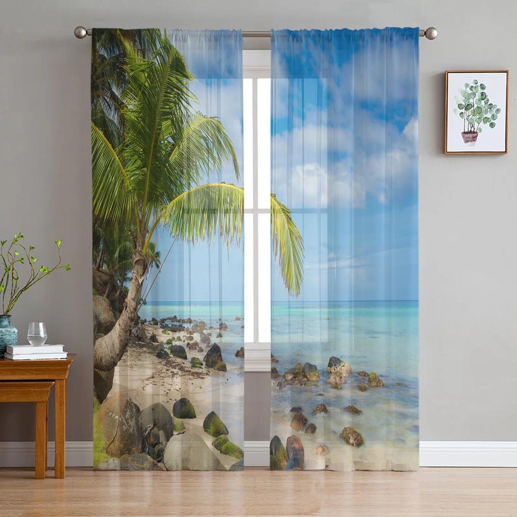 Прозрачные шторы для гостиной, пляжа, моря, кокосовой пальмы, детской спальни, балкона, большие шторы, занавески для кухни, столовой