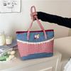 Rural Style Lace Bow Shoulder Bag Lattice Commuting Tote Bag Portable Denim Plaid Handbag  Women