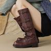 Зимние сапоги для верховой езды из коровьей кожи с квадратным носком и средним каблуком, панк-дизайн, женские винтажные сапоги с квадратной пряжкой и высокими бедрами