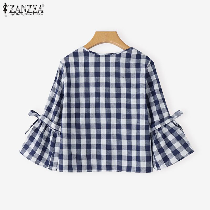 ZANZEA Women Casual V-Neck 3/4 Sleeve Loose Grid Print Blouse