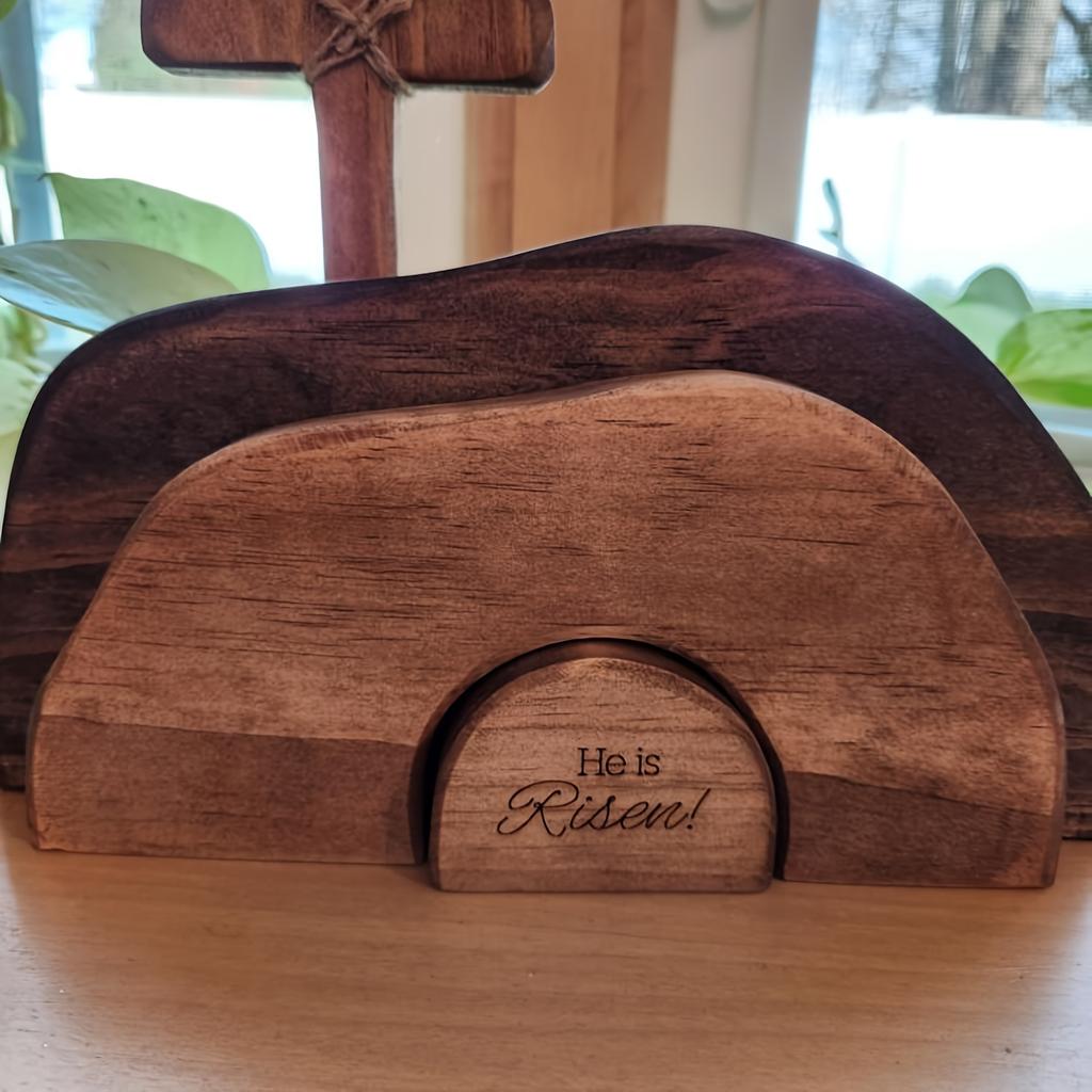 He Is Risen" Wooden Easter Resurrection Scene - Empty Tomb Decor with Cross - Christian Farmhouse Tiered Tray or Fireplace Decoration, Easter Decor