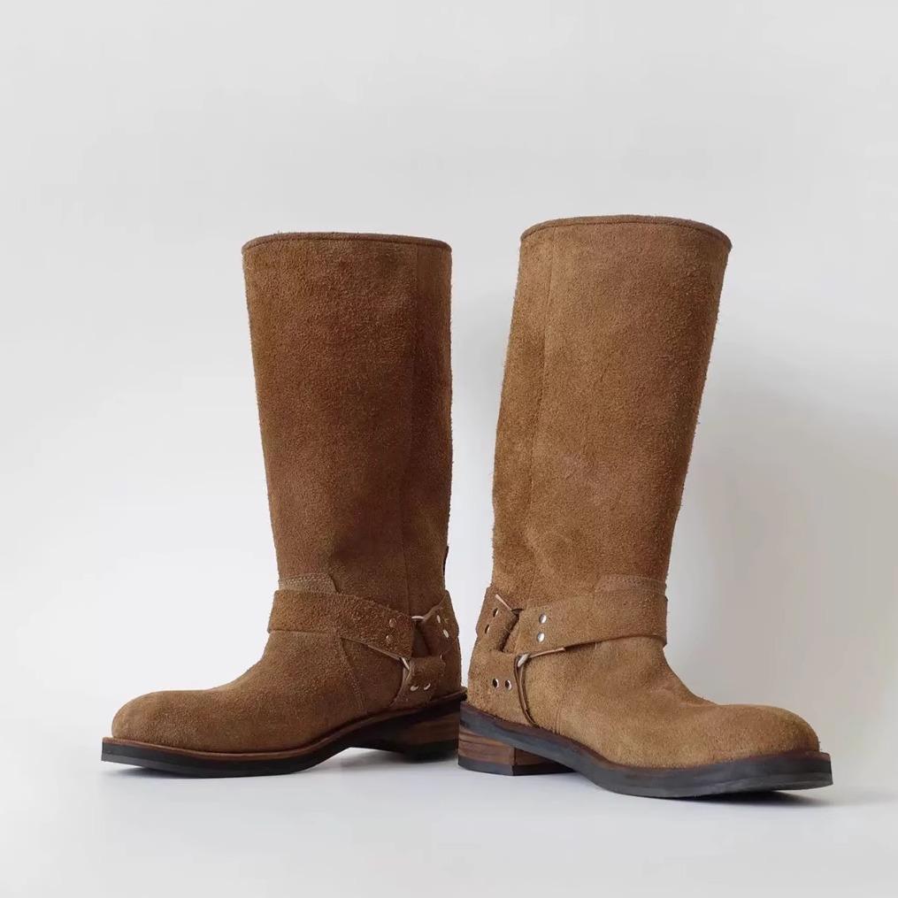 Версия из коровьей кожи~ ретро модные толстоподошвенные ковбойские сапоги в западном стиле женские из натуральной кожи с круглым носком с отворотом из меха высокие сапоги-мартины рыцарские