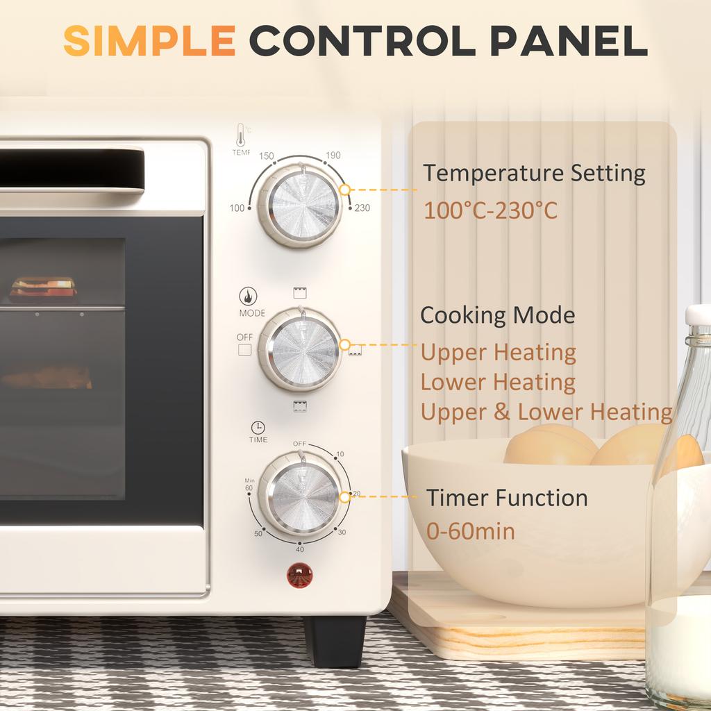 21L Mini Countertop Oven 100 degrees C 230 degrees C Adjustable Temp Cream White
