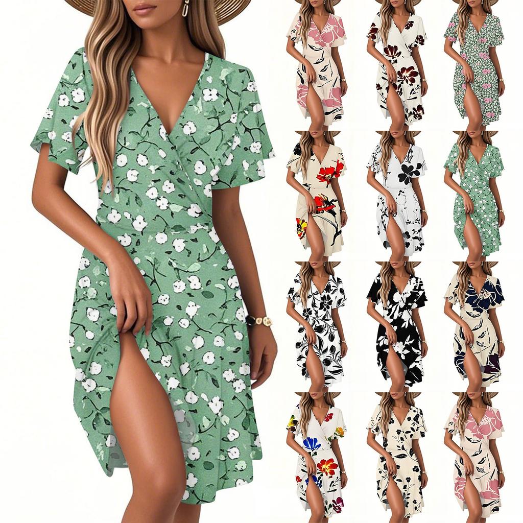 Women's Casual Fashion Dress Vintage Floral Floral Short Sleeve V-neck Dress