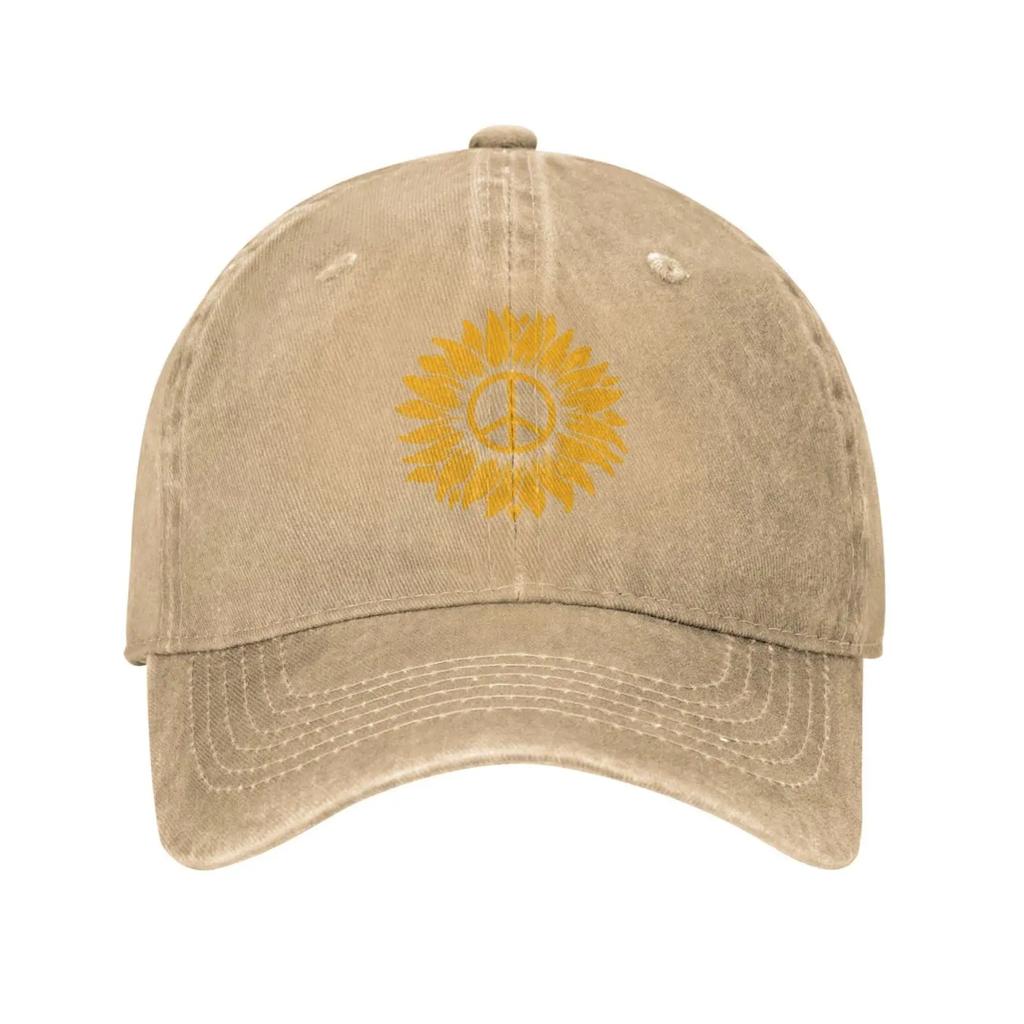 Peace Sunflower Vintage Washed Denim Cotton Low Profile Mens Dad Trucker Hat Fitted Baseball Ball Cap for Men Unisex Headwear