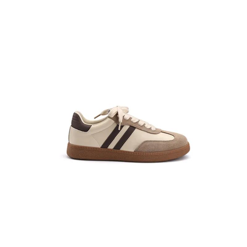 Модные женские кроссовки из натуральной кожи с круглым носком, на плоской подошве, смешанных цветов, с прошивкой, женские модные туфли на шнуровке, весна-осень, серые, белые2025 новые