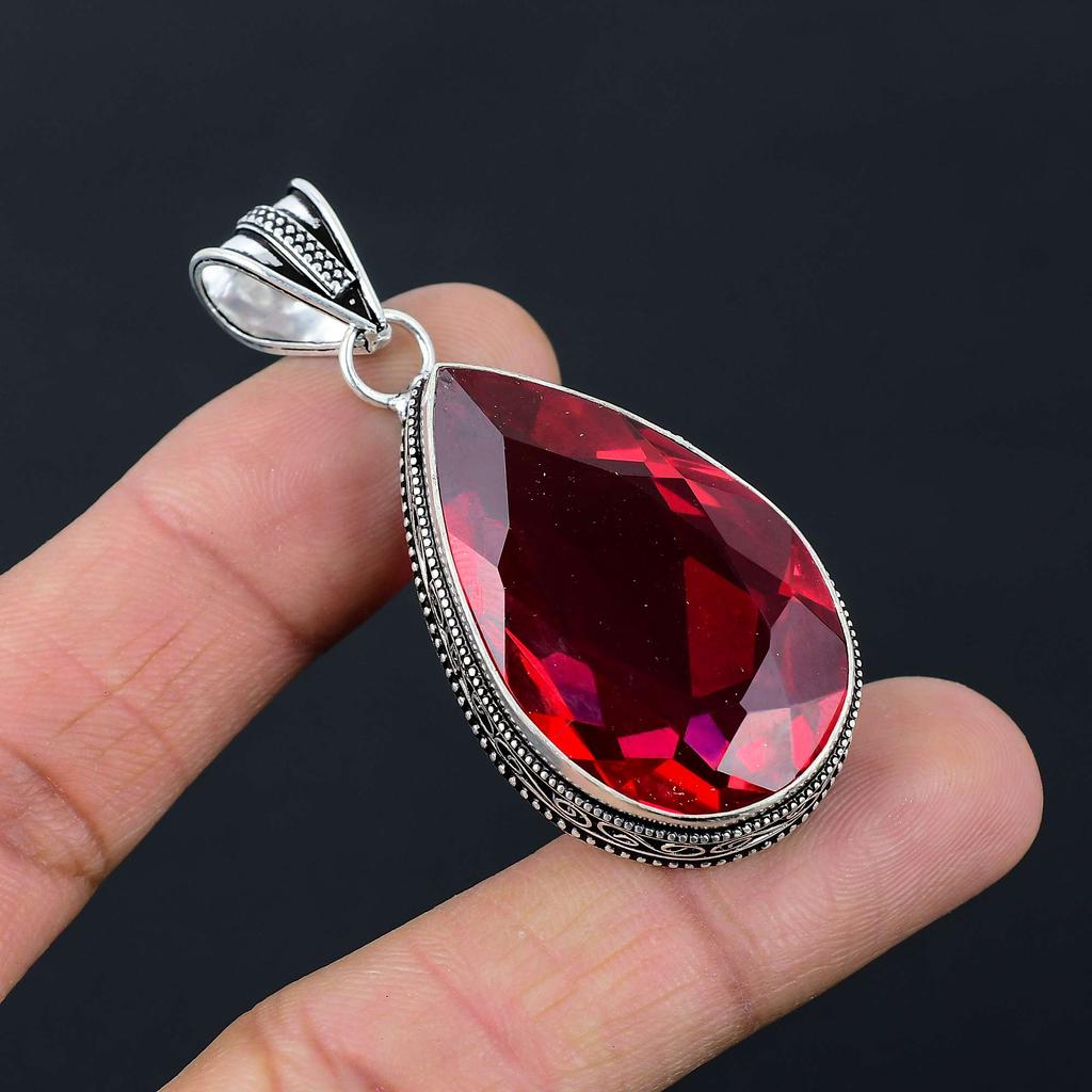 Garnet Gemstone Pendant Solid 925 Sterling Silver Pendant Jewelry Gift For Unisex LG-023