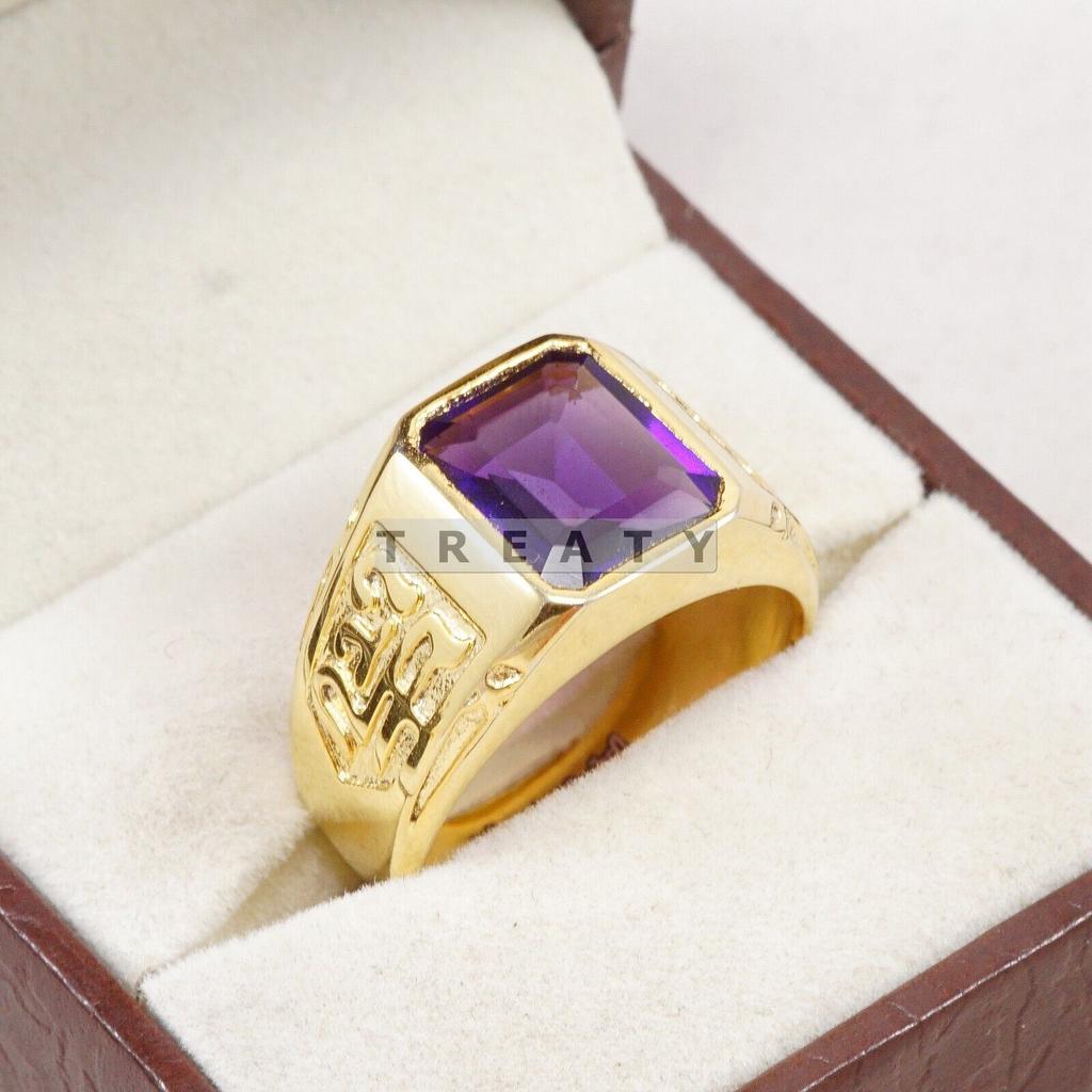 Amethyst Emerald Cut Gemstone With 925 Sterling Gold Plated Ring For Men's #B722 JL375692767213