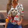 Women's Fashionable Casual Christmas Printed V-neck Three-quarter Sleeve Decorated Button Top