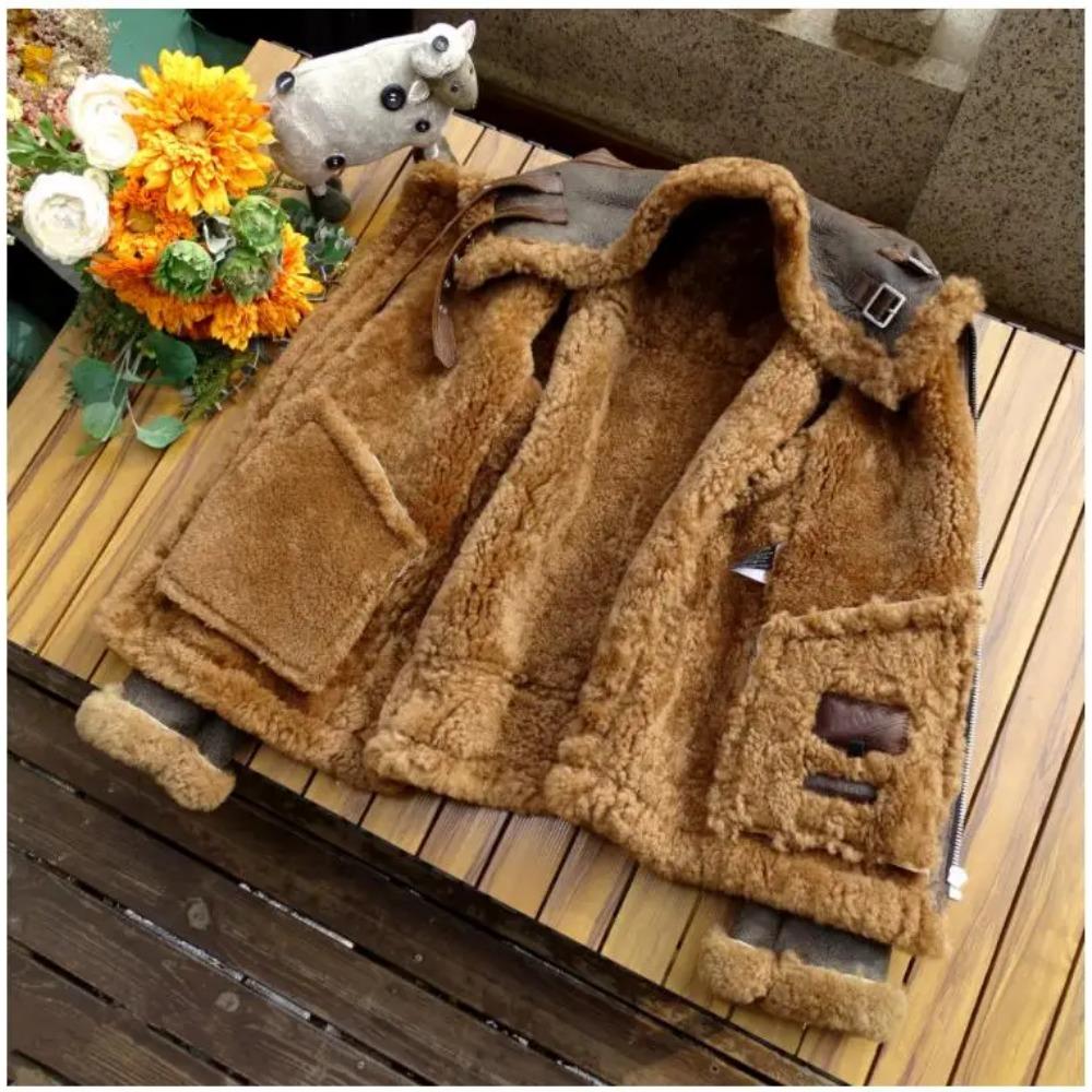 Thick Winter Warm 100% Fur Jacket.Air Force B3 Tpye Genuine Shearling Coat.Men Real Wool Cloth