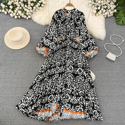 Платья Temperament Lantern Длинные рукава Круглый вырез Тонкий однобортный принтованное платье Элегантные винтажные шикарные женские платья